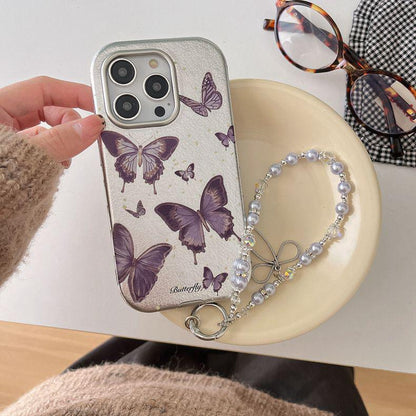 Purple Butterfly iPhone Case with Pearl Chain Wristlet