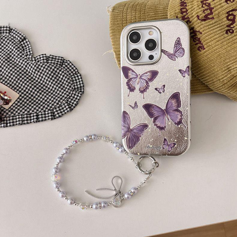 Purple Butterfly iPhone Case with Pearl Chain Wristlet