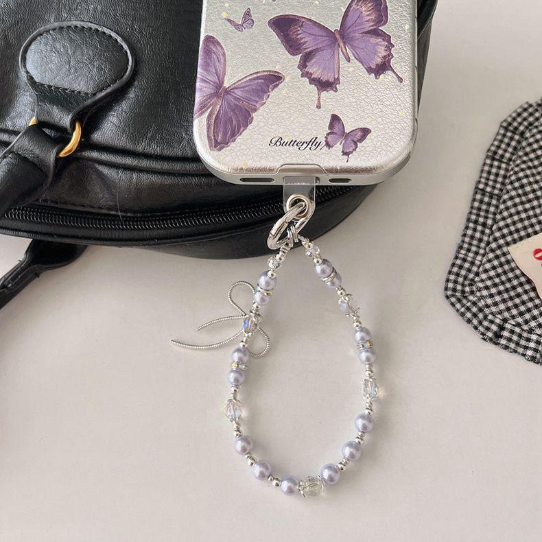 Purple Butterfly iPhone Case with Pearl Chain Wristlet