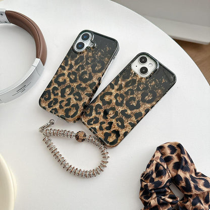 Leopard Print Gold Glitter iPhone Case with Crystal Wristlet Chain