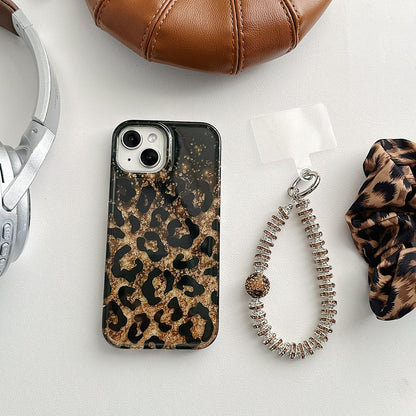 Leopard Print Gold Glitter iPhone Case with Crystal Wristlet Chain