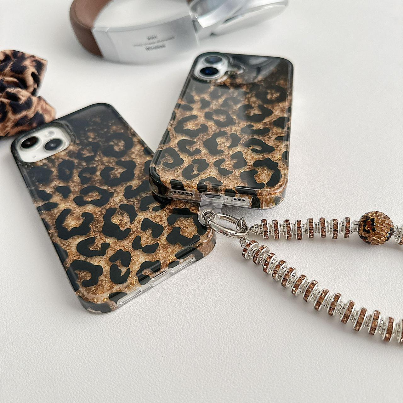 Leopard Print Gold Glitter iPhone Case with Crystal Wristlet Chain