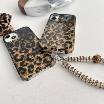 Leopard Print Gold Glitter iPhone Case with Crystal Wristlet Chain
