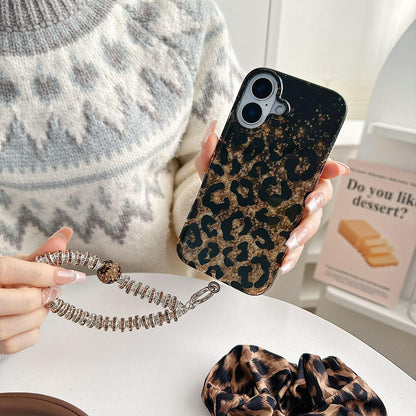 Leopard Print Gold Glitter iPhone Case with Crystal Wristlet Chain
