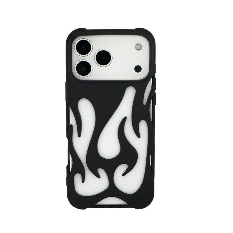 Phone case with black and white flame design on a white background