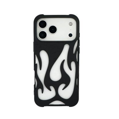 Phone case with black and white flame design on a white background