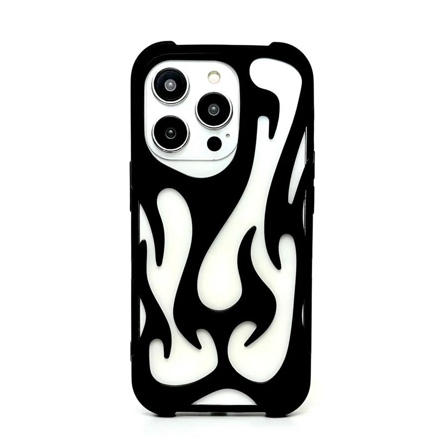 Phone case with black and white flame design on a white background