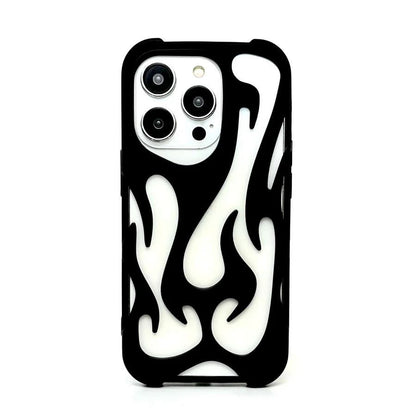 Phone case with black and white flame design on a white background