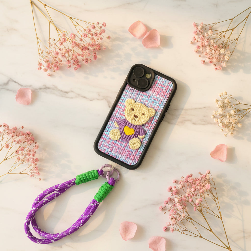 A phone case with a colorful striped pattern and a teddy bear design, attached to a purple and green braided wrist strap, displayed on a black faux fur background.