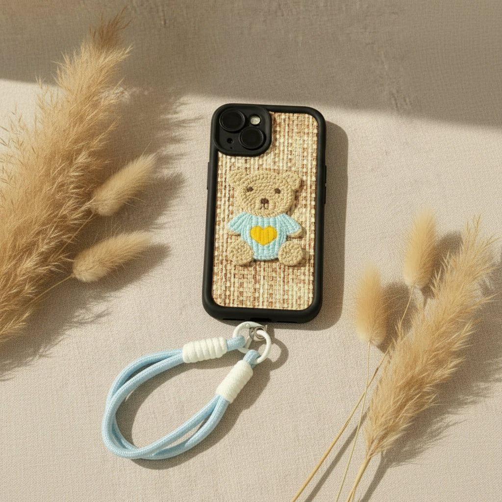 A phone case with a black bumper and a woven beige backplate featuring a teddy bear design with a blue shirt and yellow heart, attached to a light blue and white wrist strap, displayed on a black textured faux fur background.