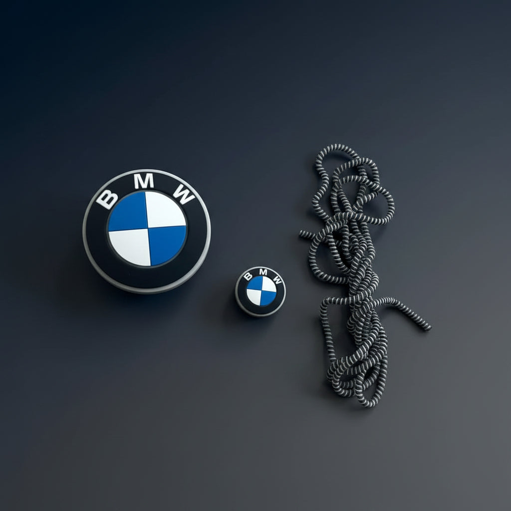 Motorsport roundel charger adapter cover, mini cable protector and spiral cable winder flat lay on white surface