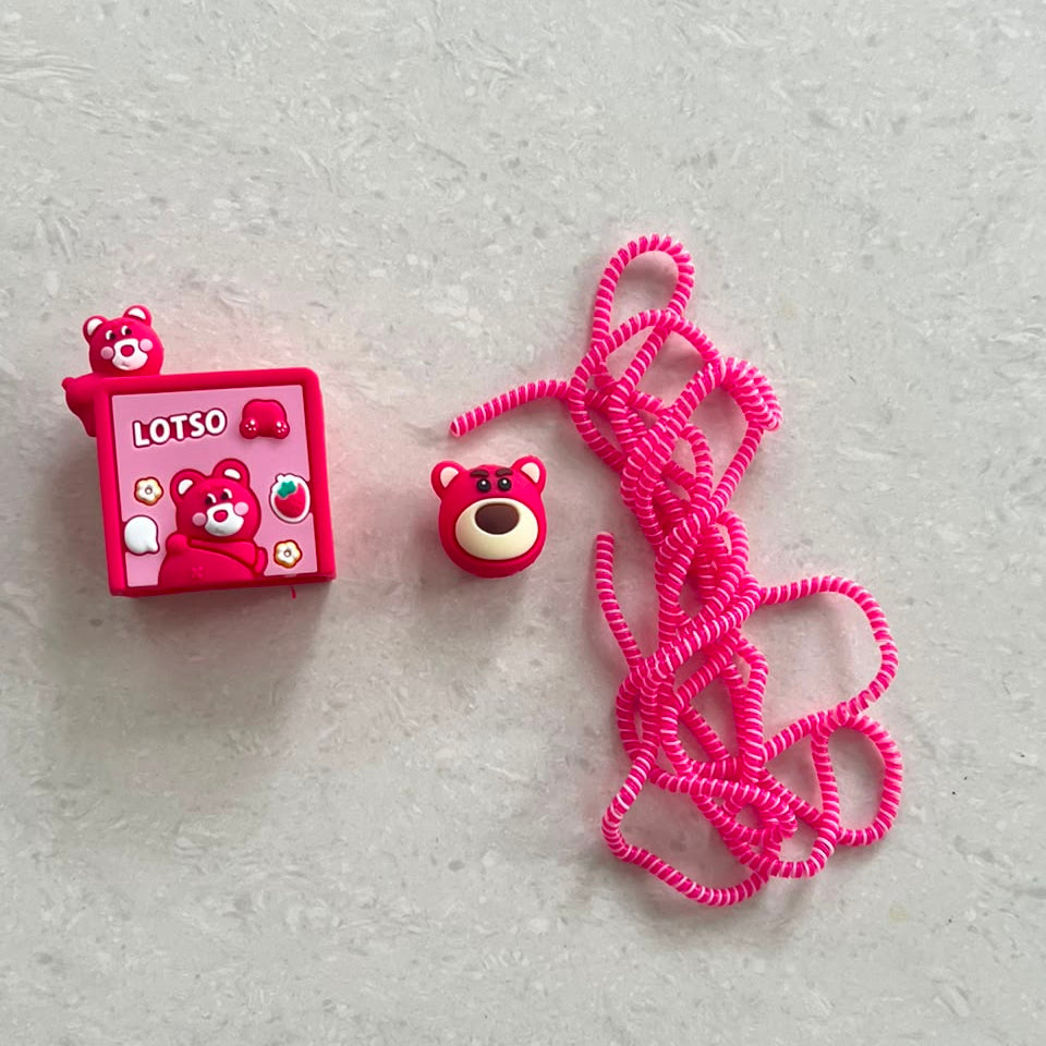 Strawberry bear charger set components - adapter cover, mini bear cable bite and pink spiral winder