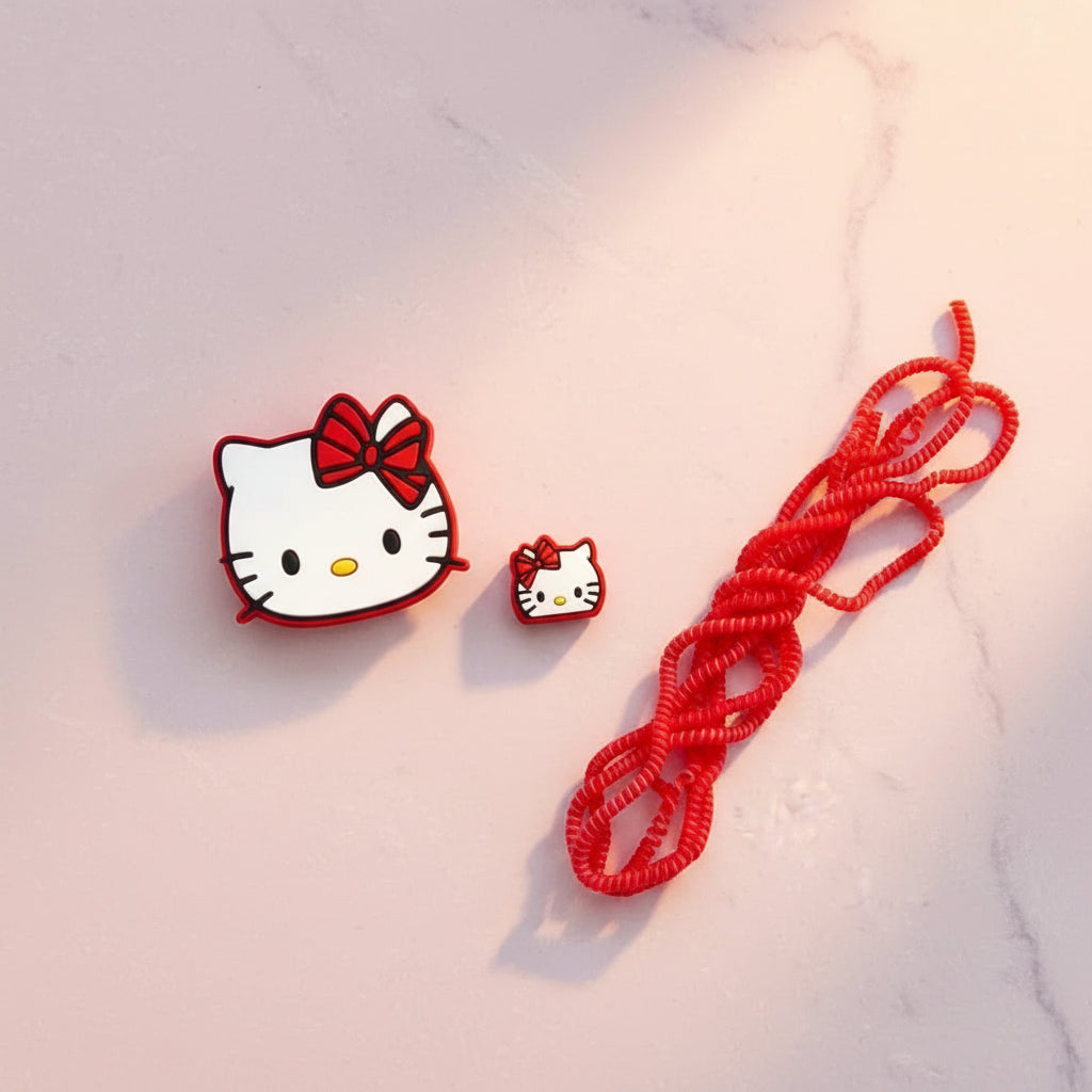 Bow kitty charger adapter cover with mini cat cable bite and red coil winder - flat lay on white background
