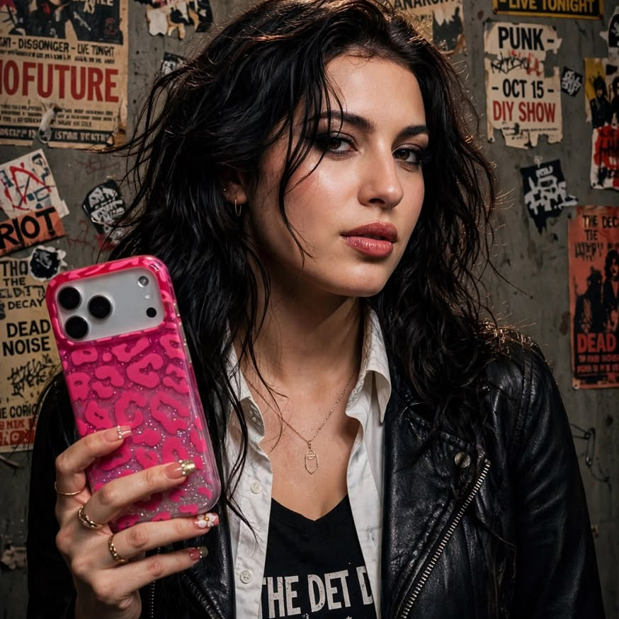 Pink leopard glitter iPhone case flat lay