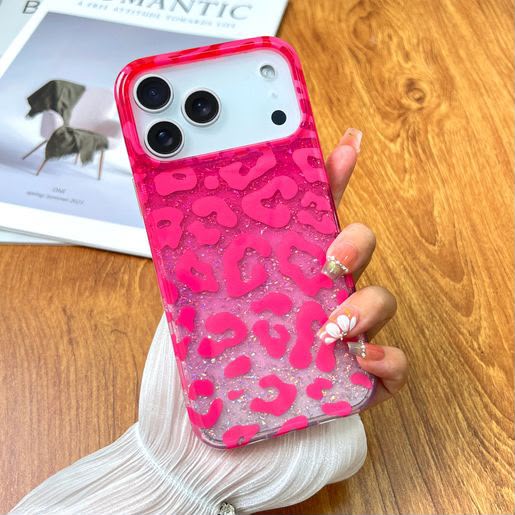 Pink leopard glitter iPhone case lifestyle shot
