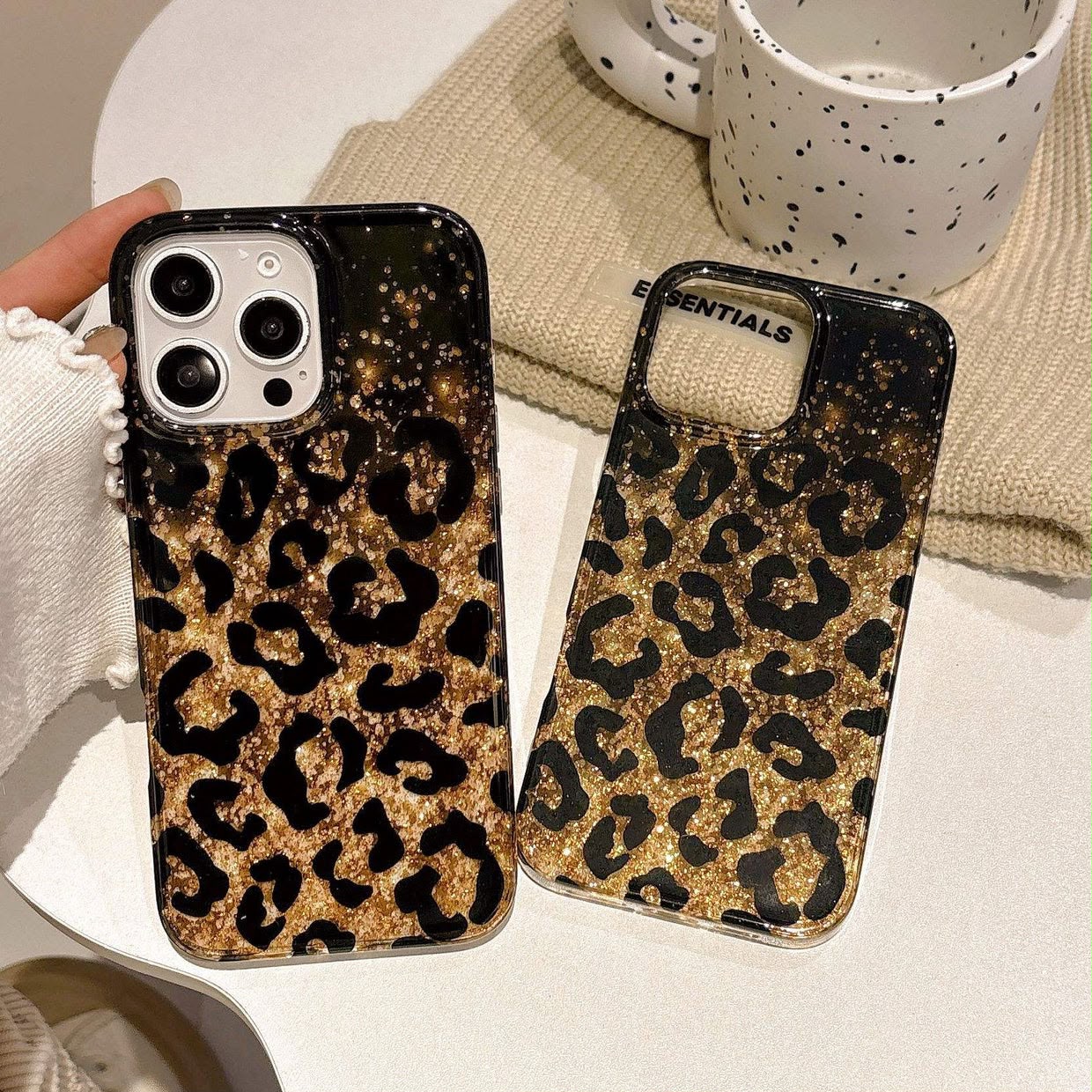 Leopard Print Gold Glitter iPhone Case with Crystal Wristlet Chain