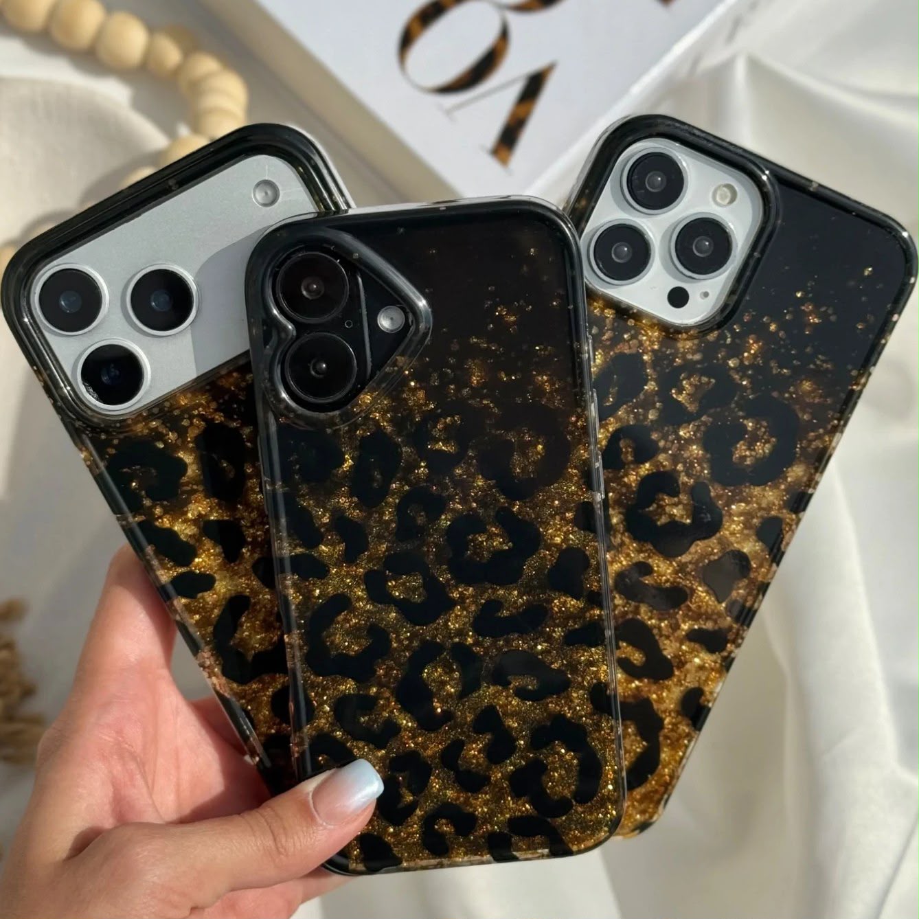 Leopard Print Gold Glitter iPhone Case with Crystal Wristlet Chain
