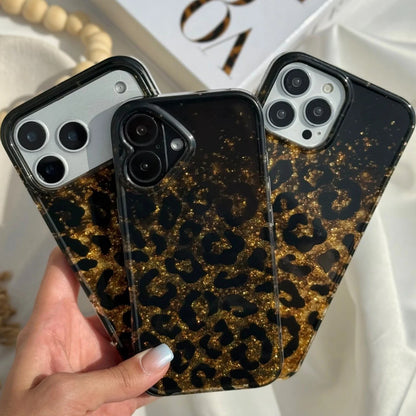Leopard Print Gold Glitter iPhone Case with Crystal Wristlet Chain