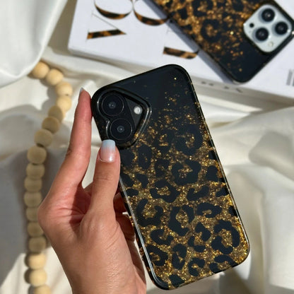 Leopard Print Gold Glitter iPhone Case with Crystal Wristlet Chain