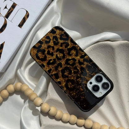 Leopard Print Gold Glitter iPhone Case with Crystal Wristlet Chain