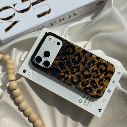 Leopard Print Gold Glitter iPhone Case with Crystal Wristlet Chain