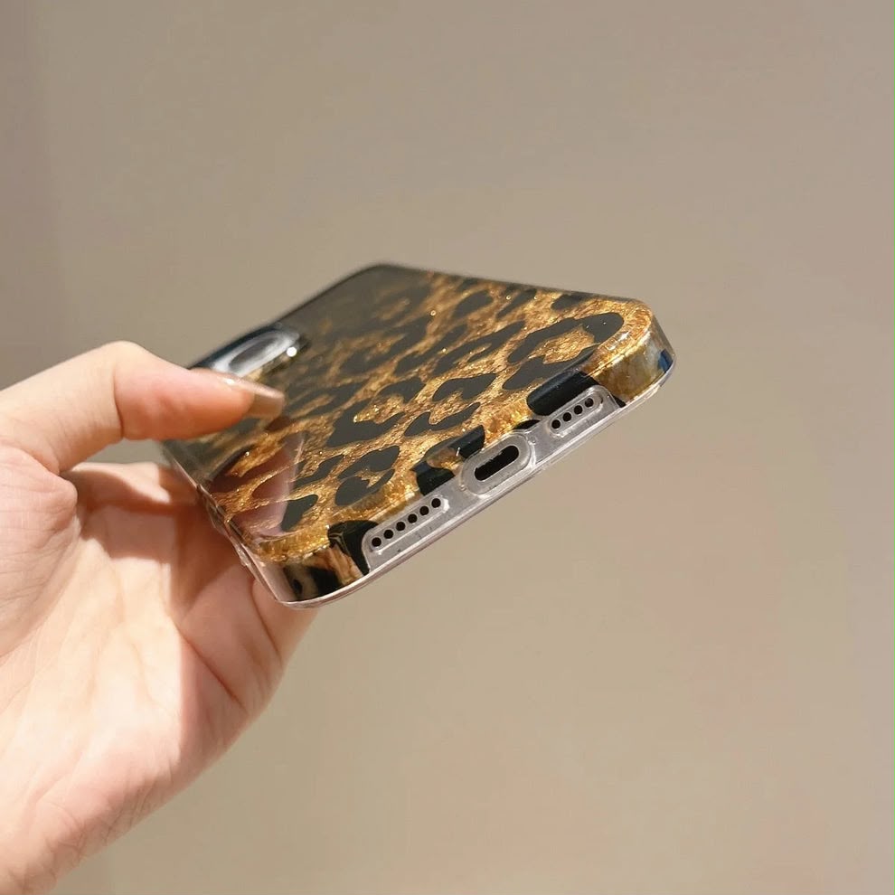 Leopard Print Gold Glitter iPhone Case with Crystal Wristlet Chain