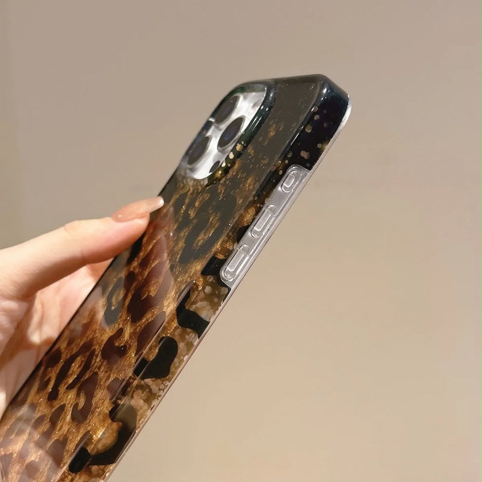 Leopard Print Gold Glitter iPhone Case with Crystal Wristlet Chain