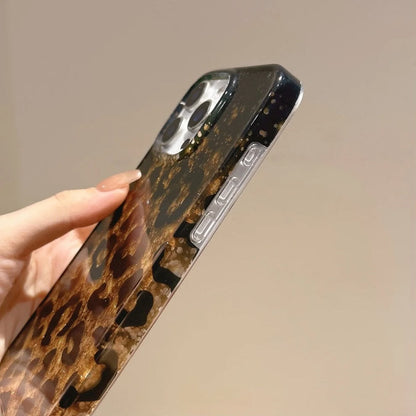 Leopard Print Gold Glitter iPhone Case with Crystal Wristlet Chain