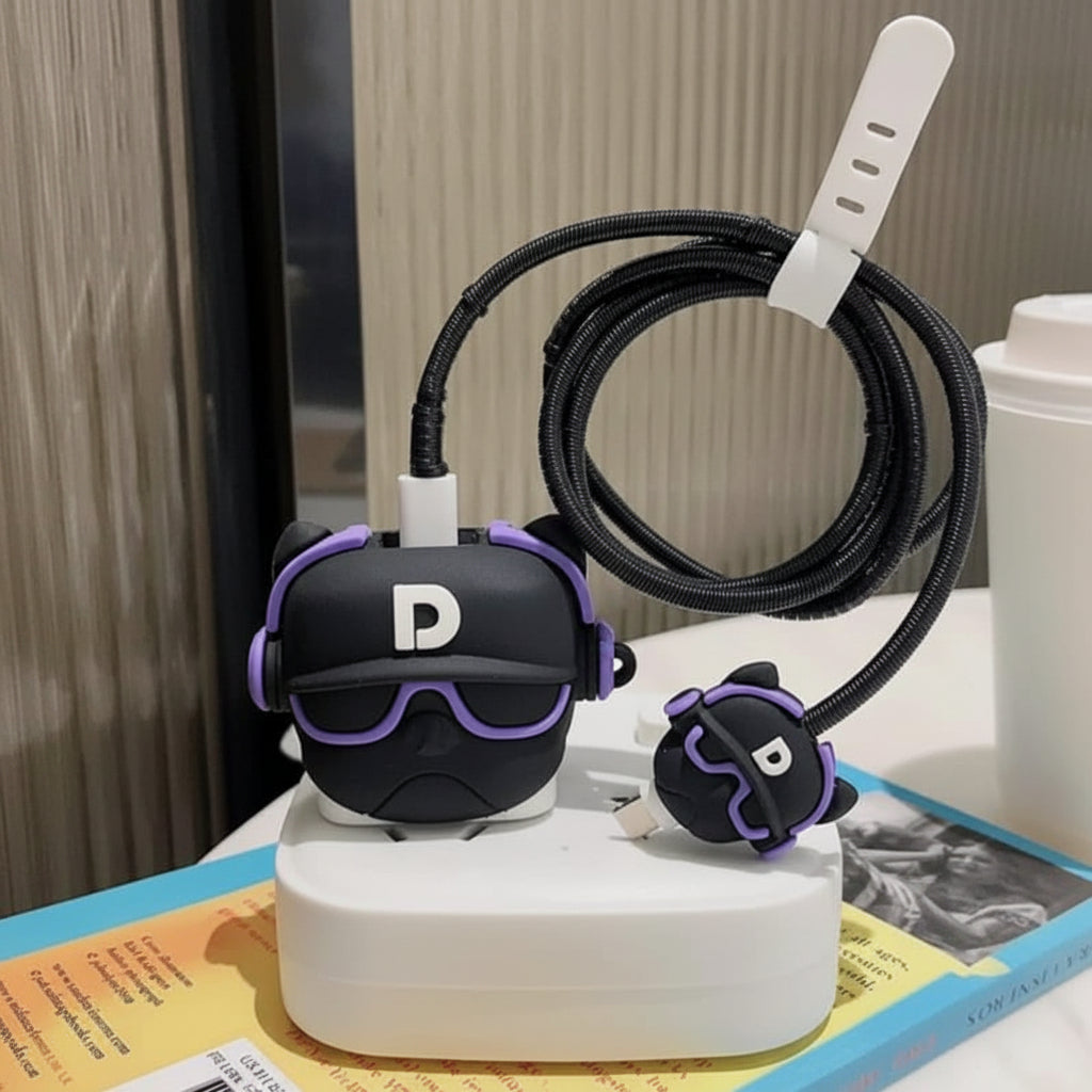 DJ Character iPhone charger adapter cover set on desk with cable winder – iPouch