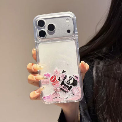 Girl Boss glitter iPhone case showing floating pearl beads and sticker art