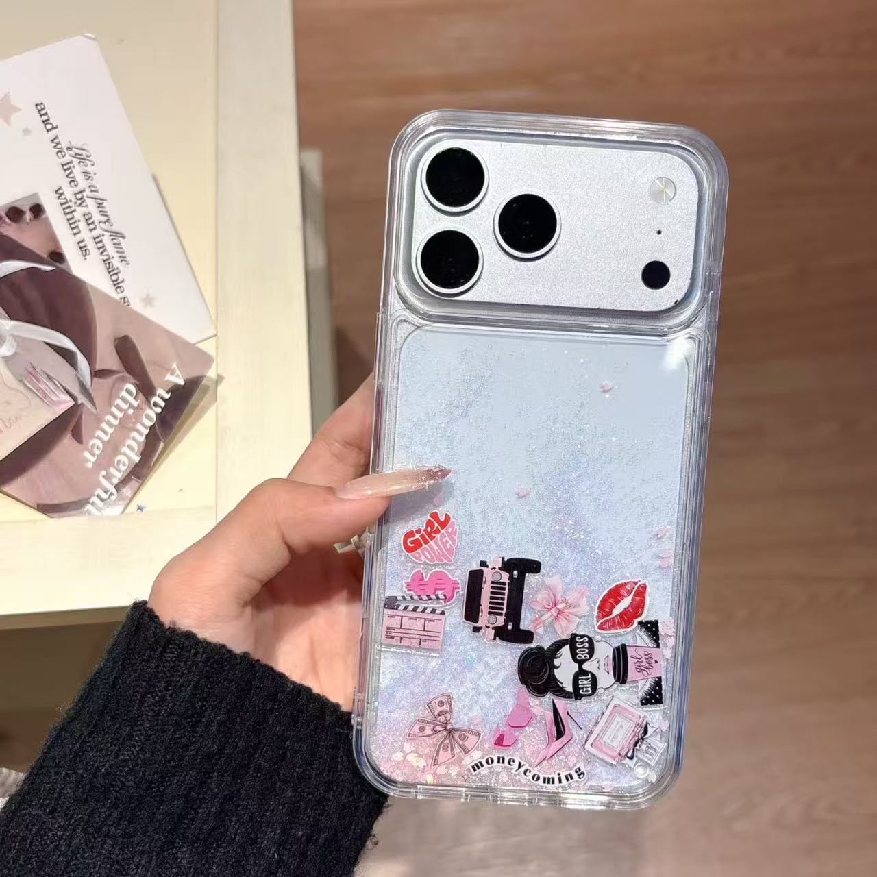 Girl Boss iPhone case showing moneycoming script and sticker details