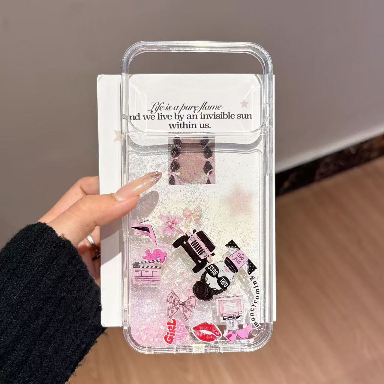 Girl Boss glitter case with card slot open showing storage feature
