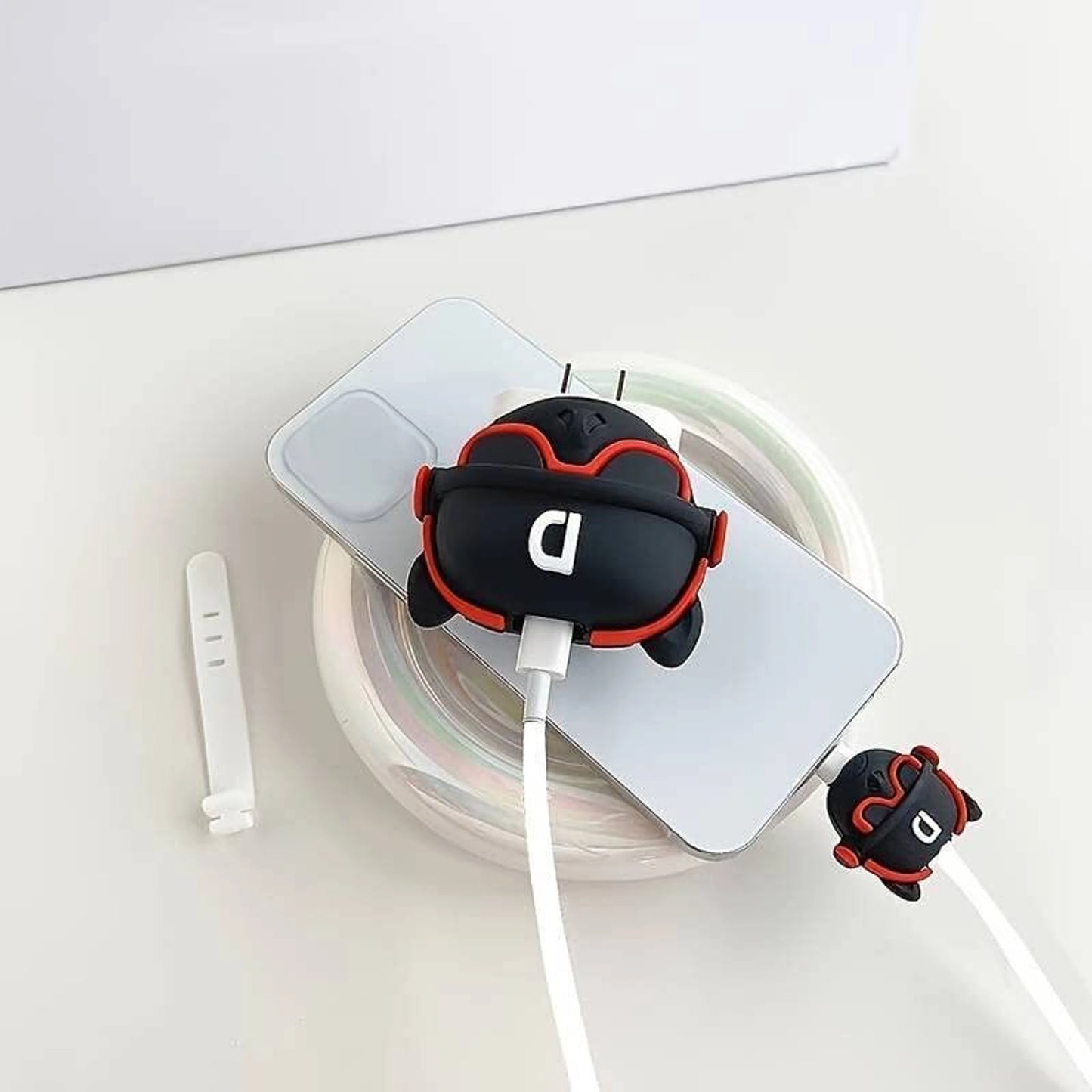Black DJ character charger cover compatibility infographic showing 18W and 20W adapter fit