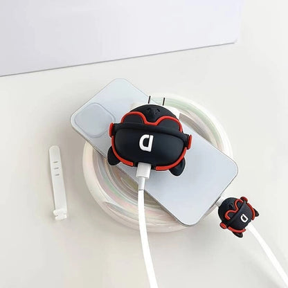 Black DJ character charger cover compatibility infographic showing 18W and 20W adapter fit