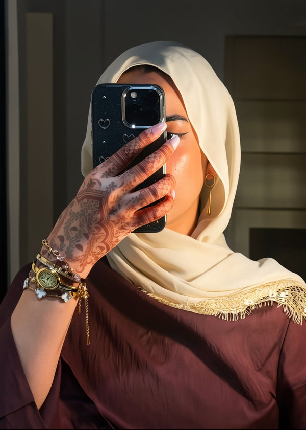 Woman wearing a hijab taking a mirror selfie with a smartphone.