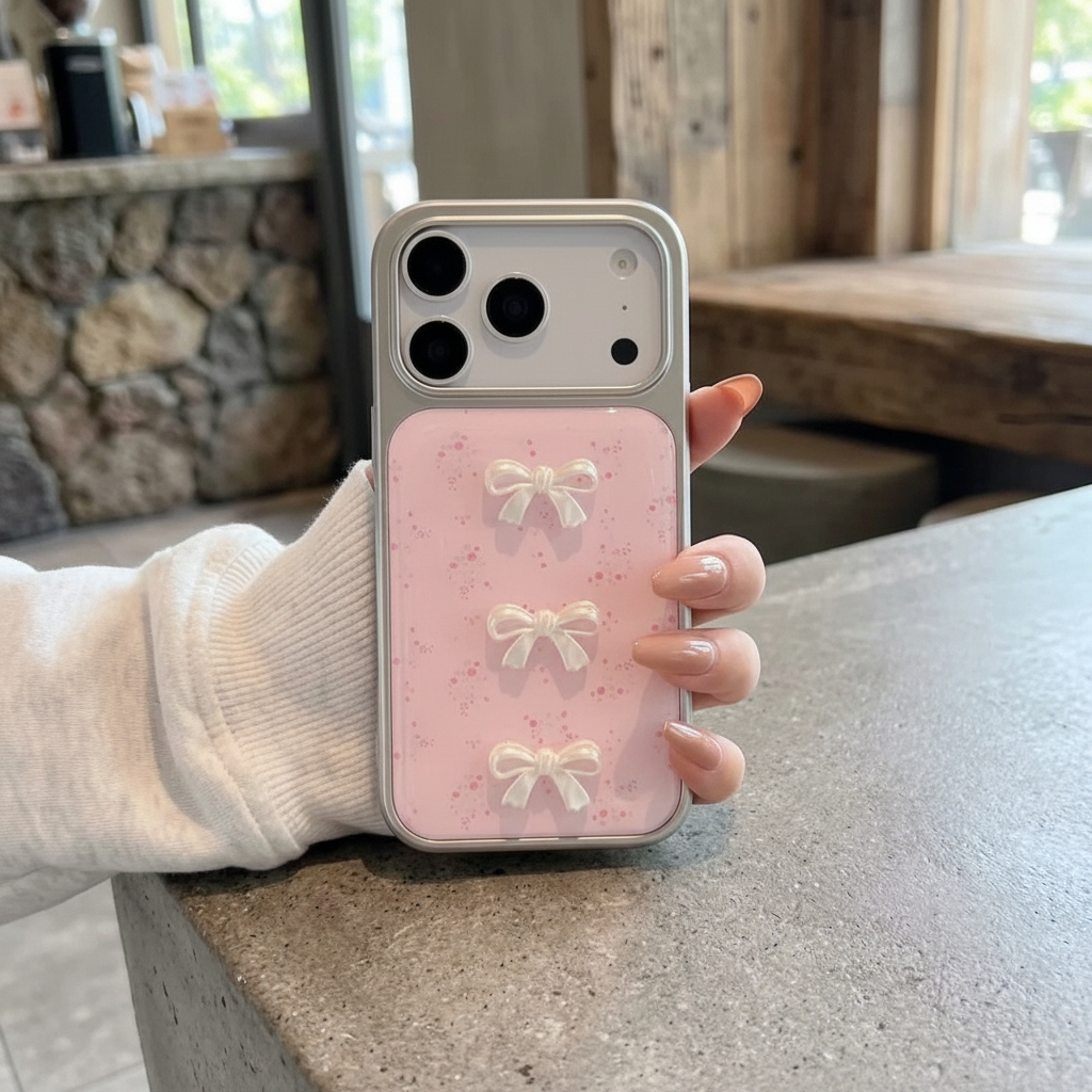Hand with nude nails holding 3D pearl bow pink iPhone case in café setting