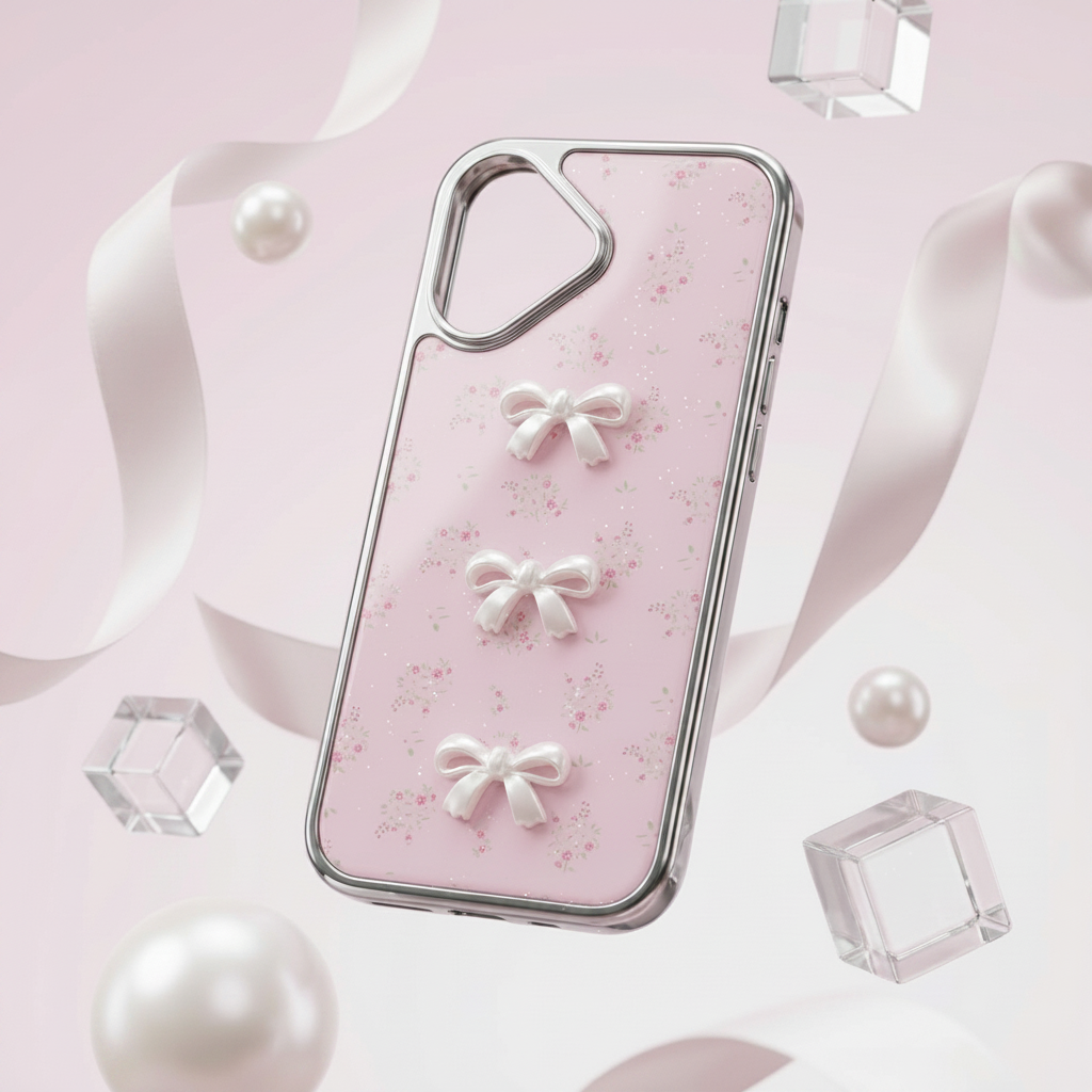 3D pearl bow pink floral iPhone case – studio hero shot with floating crystals and pearls
