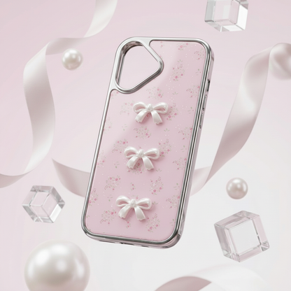 3D pearl bow pink floral iPhone case – studio hero shot with floating crystals and pearls