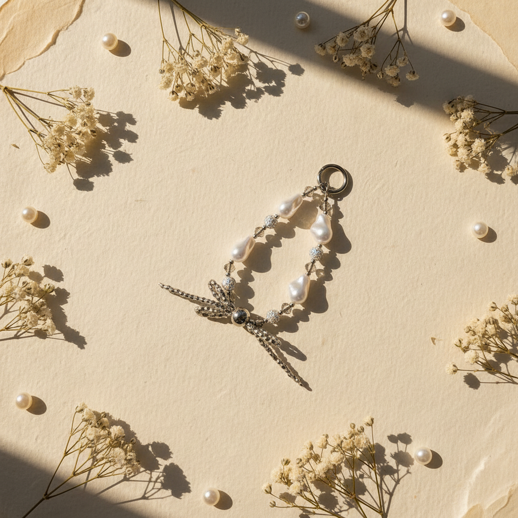 Baroque Pearl Dragonfly Charm - Dried Flowers Editorial Flat Lay
