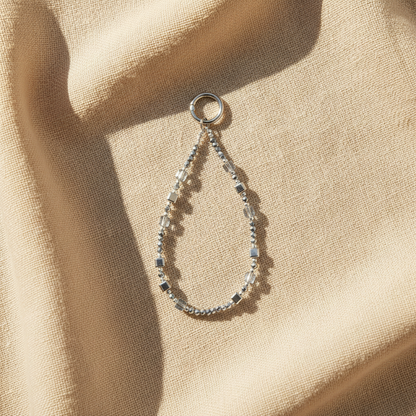 Silver Beaded Phone Charm - Beige Linen Flat Lay Studio Shot