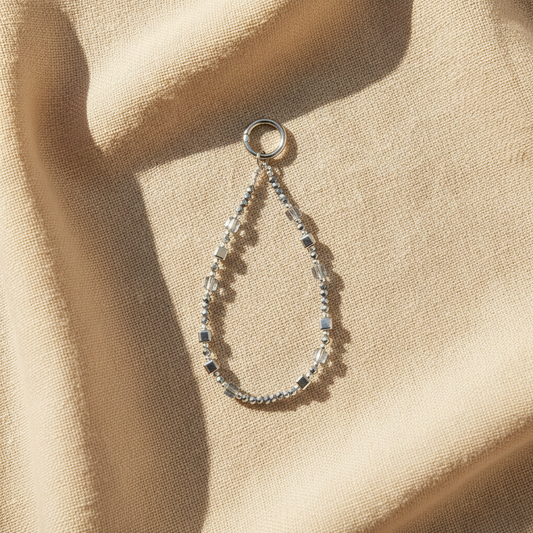 Silver Beaded Phone Charm - Beige Linen Flat Lay Studio Shot