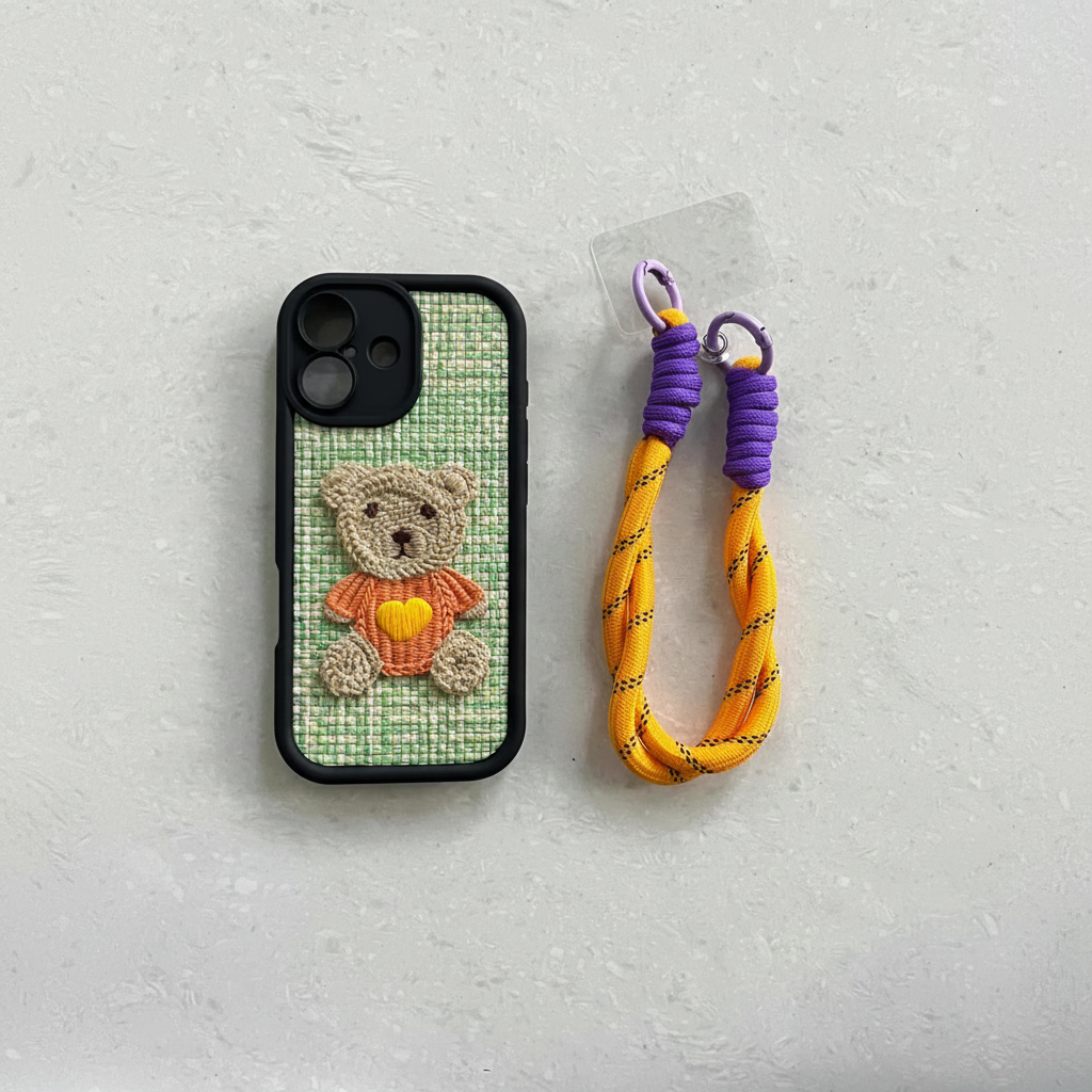 Green Teddy Bear iPhone Case styled flat lay with yellow and purple wrist strap