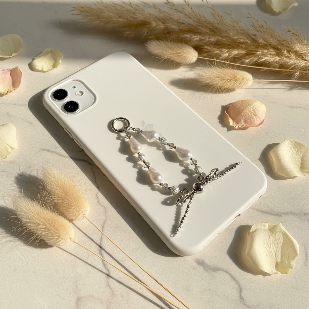 Baroque Pearl Dragonfly Charm - Marble and Pampas Lifestyle Shot