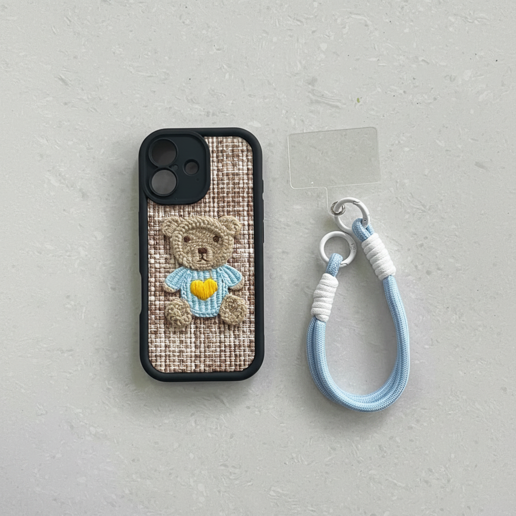 Teddy bear embroidered iPhone case - front view on white background