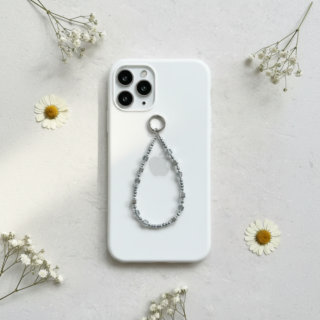 Silver Beaded Phone Charm - Marble and Flowers Lifestyle Shot
