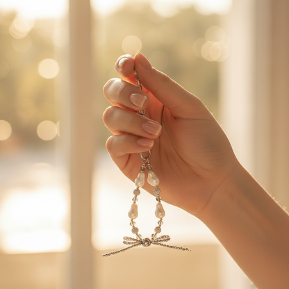 Baroque Pearl Dragonfly Charm - Golden Hour Hand Lifestyle Shot