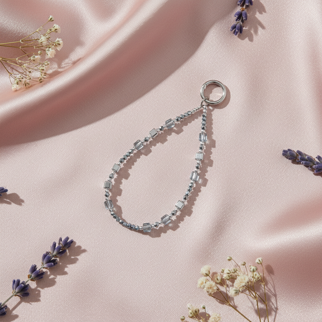 Silver Beaded Phone Charm - Blush Silk 45 Degree Shot