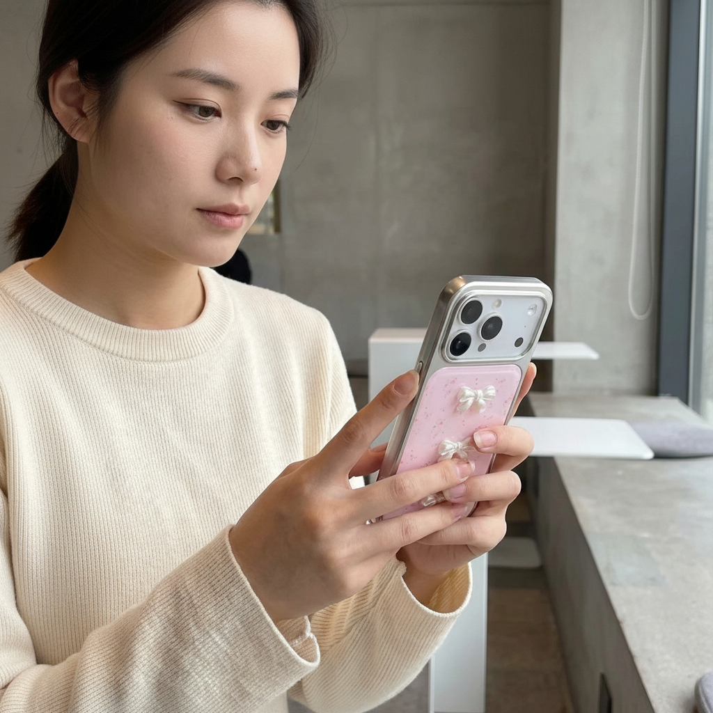 Woman in cream sweater holding 3D pearl bow pink iPhone case – lifestyle shot