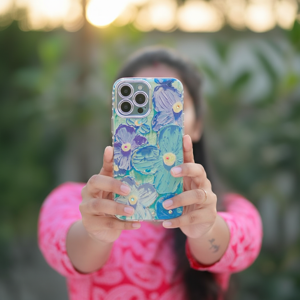3D Blue Floral iPhone Case lifestyle hand shot
