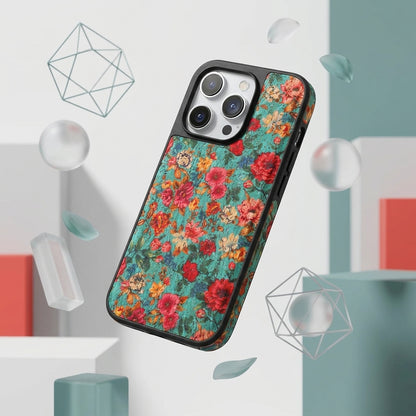 Vintage Floral Garden iPhone Case – Teal & Red Rose | MagSafe Compatible